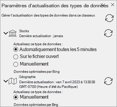 Volet Actualiser les paramètres pour les types de données.