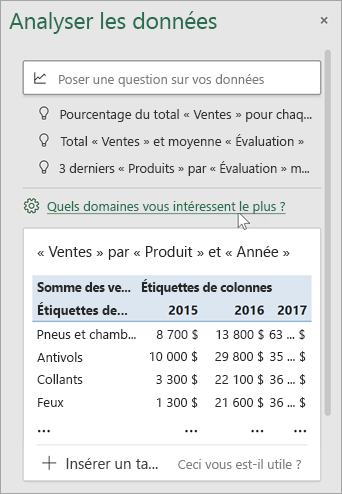 Volet Analyser les données avec le lien pour spécifier les champs à utiliser