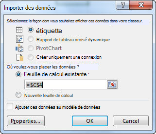 Boîte de dialogue Importer des données dans Excel
