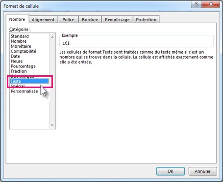 Enregistrer en tant que texte dans la boîte de dialogue Format de cellule