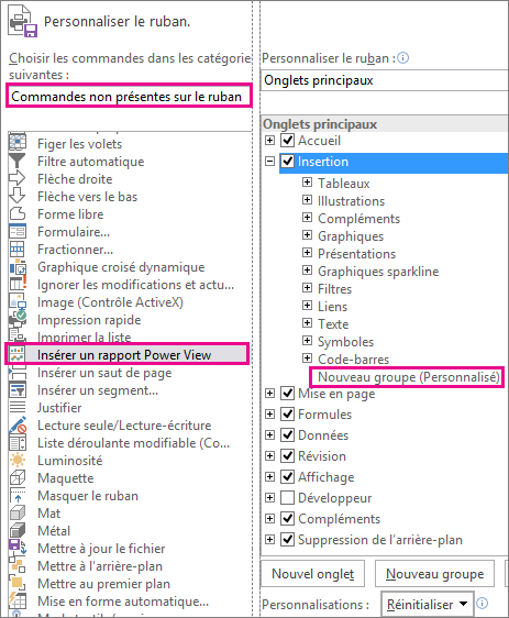 Boîte de dialogue Personnaliser le ruban dans Excel