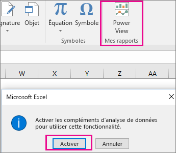 Bouton Vue croisée dynamique personnalisée et boîte de dialogue permettant d’activer le complément dans Excel