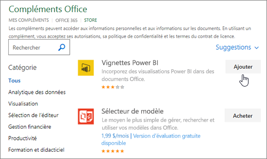 Capture d’écran de la page Compléments Office dans laquelle vous pouvez sélectionner ou rechercher un complément pour Excel.
