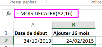 Utiliser une formule MOIS.DECALER pour ajouter des mois à une date
