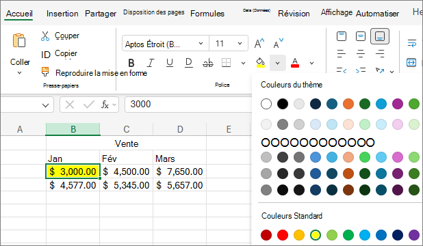 Capture d’écran de choisir une autre couleur de texte.