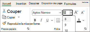 Capture d’écran de la liste déroulante Choisir une autre taille de police.