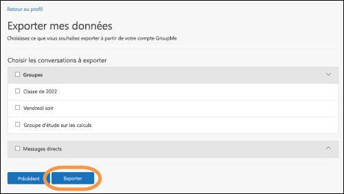 Fenêtre Exporter mes données dans GroupMe avec le bouton Exporter mis en surbrillance
