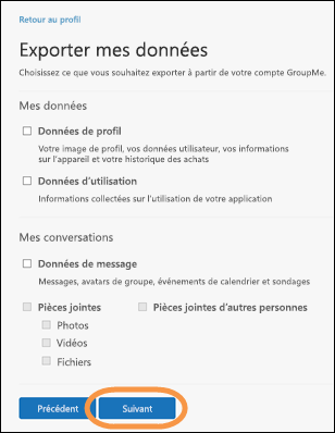 Fenêtre Exporter mes données dans GroupMe avec le bouton Suivant mis en surbrillance