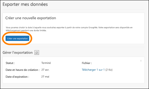 Fenêtre Créer une exportation dans GroupMe