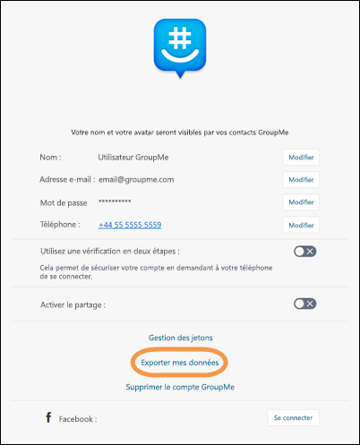 Profil GroupMe avec Exporter mes données mis en surbrillance