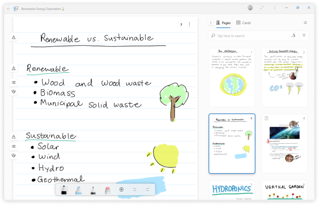 Microsoft Journal ouvert à un journal sur les énergies renouvelables