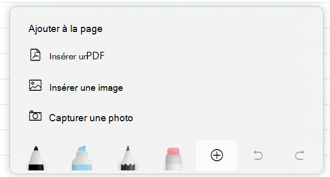 Capture d’écran de la barre d’outils d’entrée manuscrite avec le menu Insertion étendu.