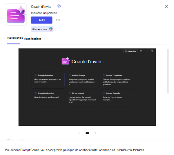 Capture d’écran d’une application montrant plus de détails et l’option permettant de l’ajouter à Microsoft 365 Copilot.