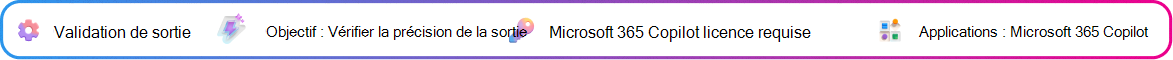Le contexte de validation de sortie carte axé sur la validation d’une note de décision générée par Copilot avant d’agir dessus. Objectif : confirmer une courte précision. Microsoft 365 Copilot licence requise. Application : Microsoft 365 Copilot.