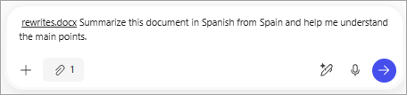 Affiche une pièce jointe dans la zone de requête Copilot, suivie d’instructions pour Résumer ce document en espagnol à partir de l’Espagne et m’aider à comprendre les principaux points.