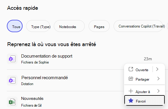 Volet Accès rapide affichant les fichiers récents et un bouton Favori