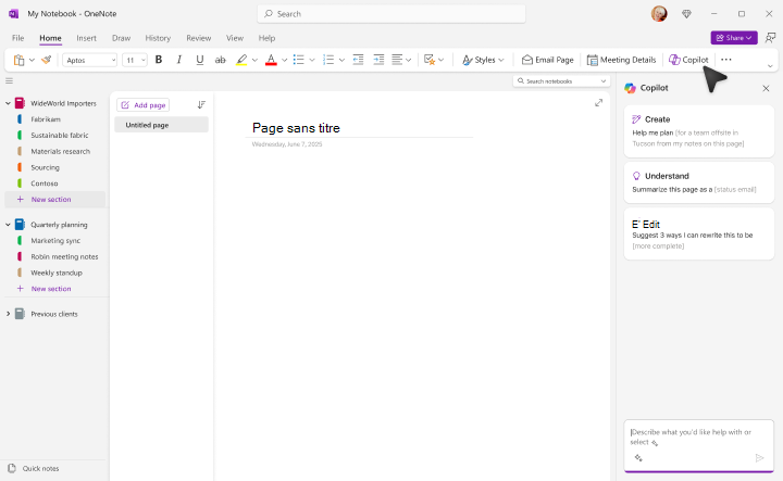 Écran OneNote Start Copilot.