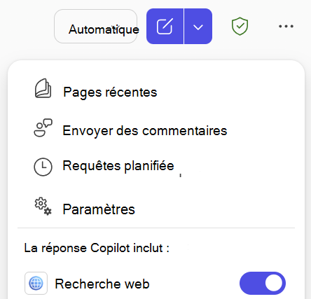 Capture d’écran du bouton bascule recherche web dans Copilot Chat