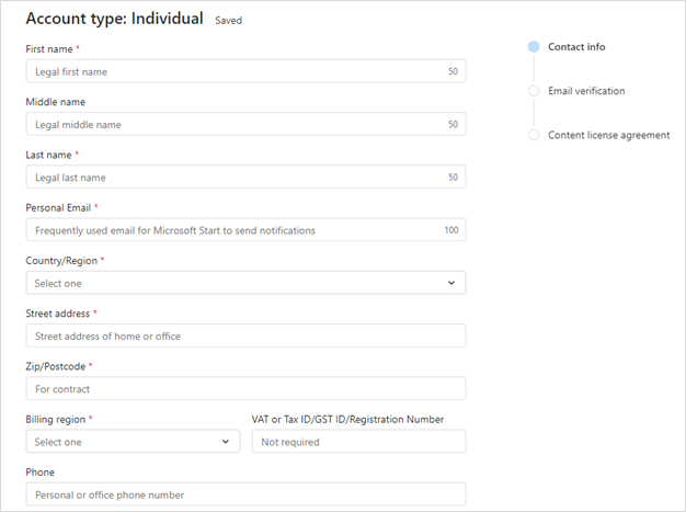 Champs de configuration d’un compte individuel du Hub partenaire MSN