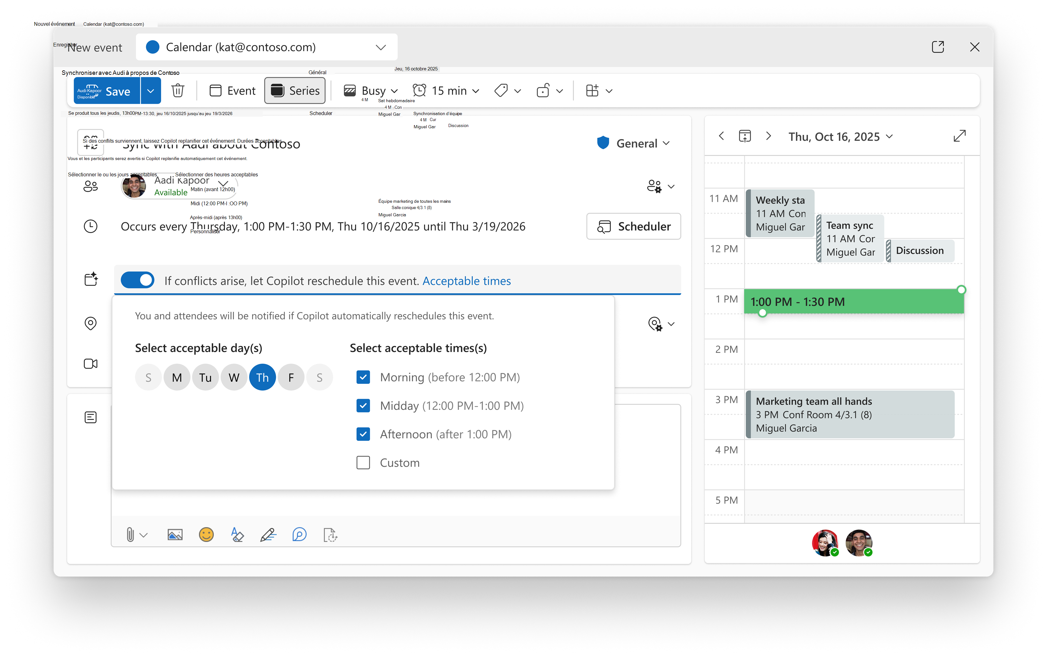 Formulaire d’événement de calendrier avec la replanification automatique de Copilot activée et les options de préférences affichées.