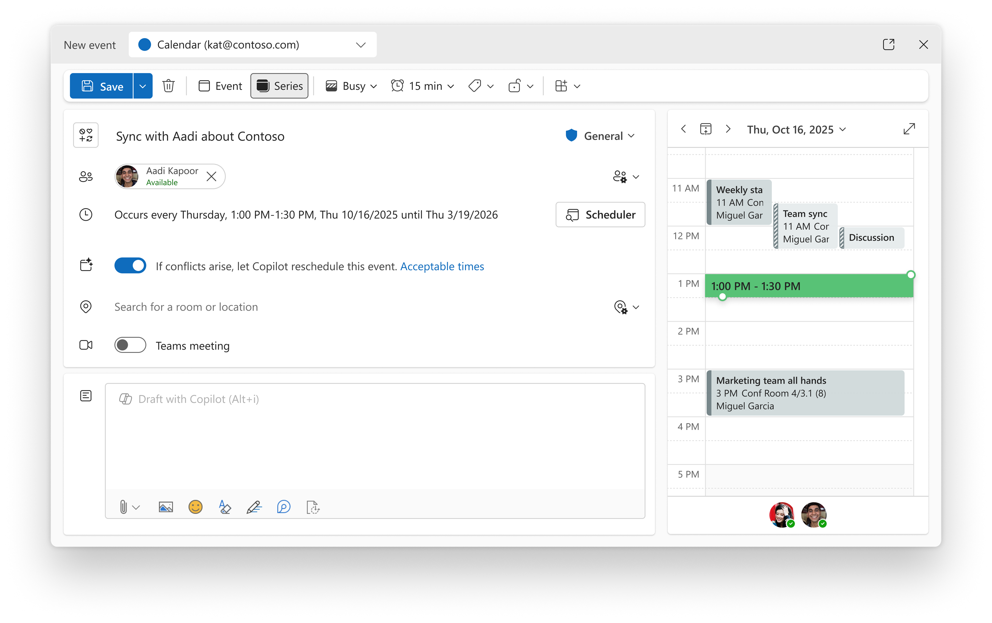 Formulaire d’événement de Calendar avec l’option de replanification automatique de Copilot activée.