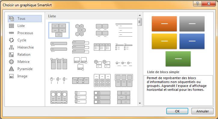 Choix dans la boîte de dialogue Sélectionner un graphique SmartArt