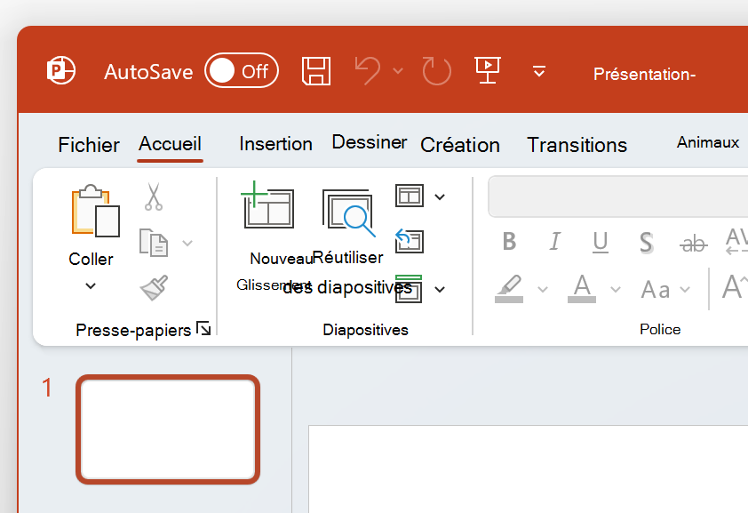 Capture d’écran de la partie supérieure gauche de PowerPoint dans le thème Coloré.