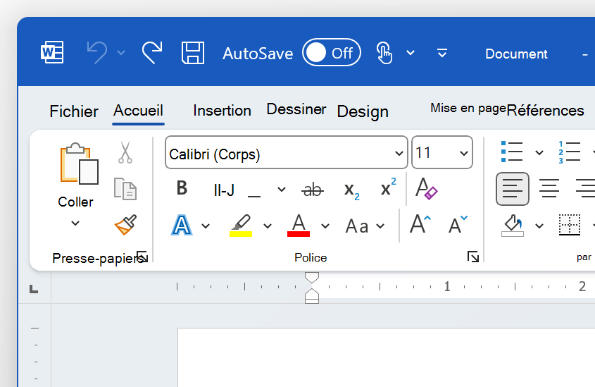 Capture d’écran de la partie supérieure gauche de Word dans le thème Coloré.