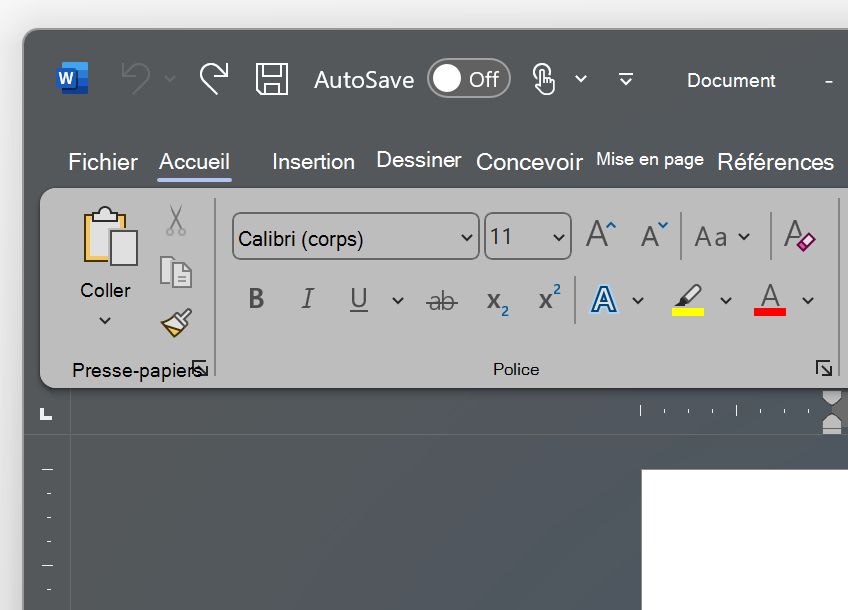 Capture d’écran du haut à gauche de Word dans le thème Gris foncé.