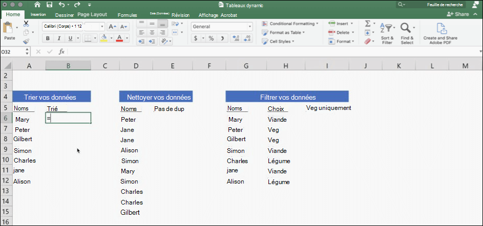 Capture d’écran d’Excel avec des données utilisant des tableaux dynamiques
