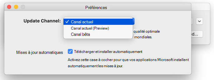 Image de Mac mise à jour automatique Microsoft (AutoUpdate) -> Fenêtre Préférences qui affiche les choix de canal de mise à jour.