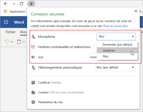 Réglez le paramètre sur Autoriser.