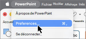 Élément de menu Préférences de l’application Mac sélectionné.