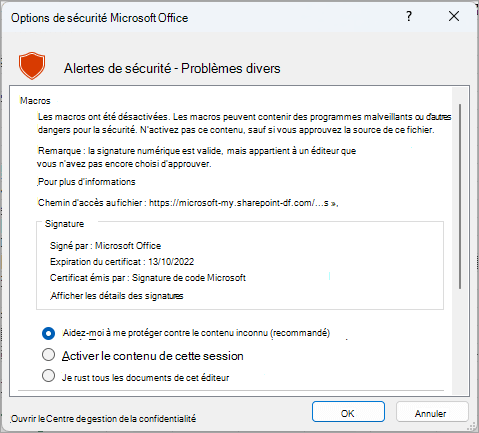 Boîte de dialogue d’alerte de sécurité de Microsoft Excel
