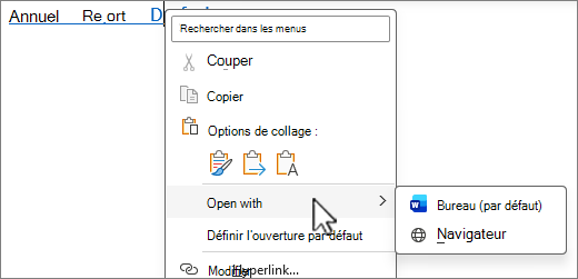 Sélectionnez et maintenez ou cliquez avec le bouton droit pour afficher d’autres options lors de l’ouverture d’un lien vers un fichier Office à partir d’Outlook ou de Teams