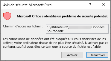 Avis de sécurité Microsoft Excel : indique qu’Excel a identifié un problème de sécurité potentiel. Choisissez Activer si vous approuvez l’emplacement du fichier source, Désactiver si ce n’est pas le cas.