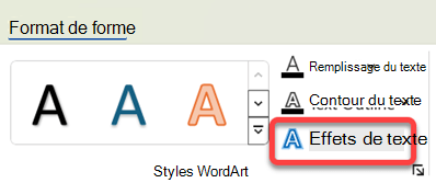 Pour ajouter un effet visuel à WordArt, sélectionnez-le, puis sous l’onglet Format de la forme, sélectionnez Effets de texte.