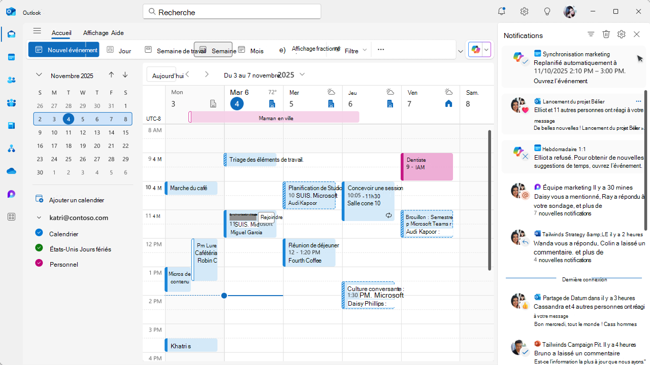 Copilot et d’autres activités de calendrier dans le volet Notifications.