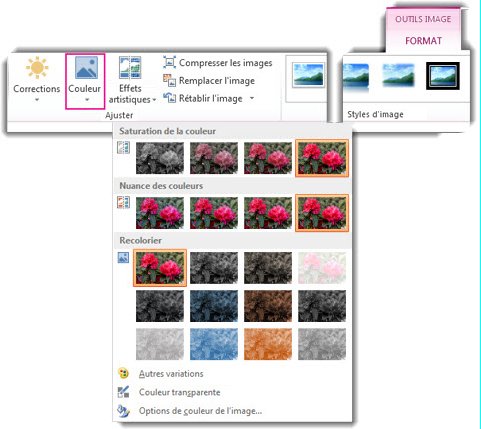 Menu du bouton Couleur ouvert à partir de l’onglet Format des Outils Image