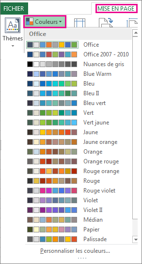 Galerie Couleurs de thème ouverte via le bouton Couleurs sur l’onglet Mise en page