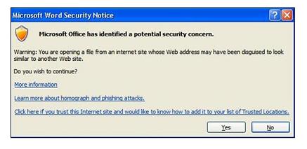 Message Outlook affiché lorsqu’un utilisateur a cliqué sur un lien menant à un site suspect