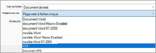 Image montrant la sélection du fichier PDF (*.pdf) dans le menu déroulant
