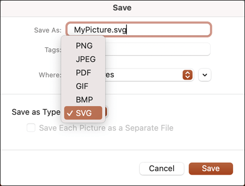 Boîte de dialogue Enregistrer sous dans PowerPoint 2021 pour Mac avec l’option SVG sélectionnée