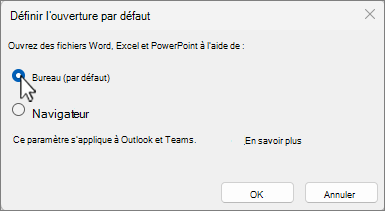 Vous pouvez choisir d’ouvrir des fichiers Word, PowerPoint et Excel à l’aide du bureau, qui s’appliquera à Outlook et Teams, ou d’ouvrir des fichiers dans votre navigateur.