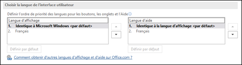 Boîte de dialogue qui vous permet de sélectionner la langue utilisée par Office pour ses boutons, menus et aide.