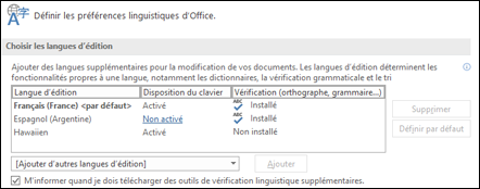 La boîte de dialogue dans laquelle vous pouvez ajouter, activer ou supprimer la langue utilisée par Office pour l’édition et les outils de vérification linguistique.