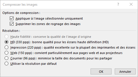 Boîte de dialogue Compresser les images