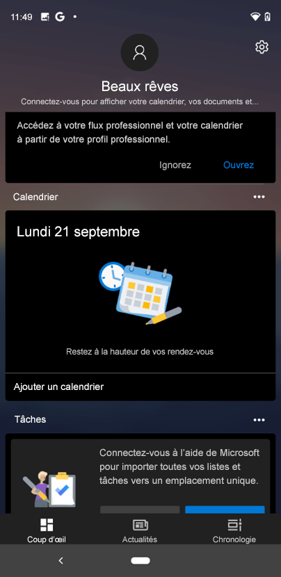 Flux Microsoft Launcher invitant à se connecter à un profil professionnel