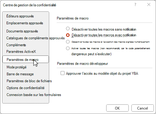 Paramètres des macros du centre de gestion de la confidentialité