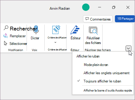 Menu Options d’affichage du ruban